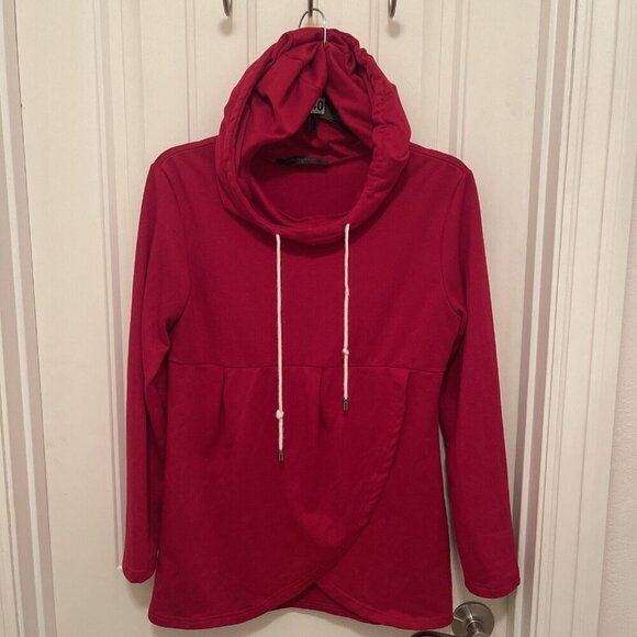 Pullover Hoodie Long Sleeves Casual Asymmetric Hem Top Women’s Sz M , Deep Red - Picture 3 of 12